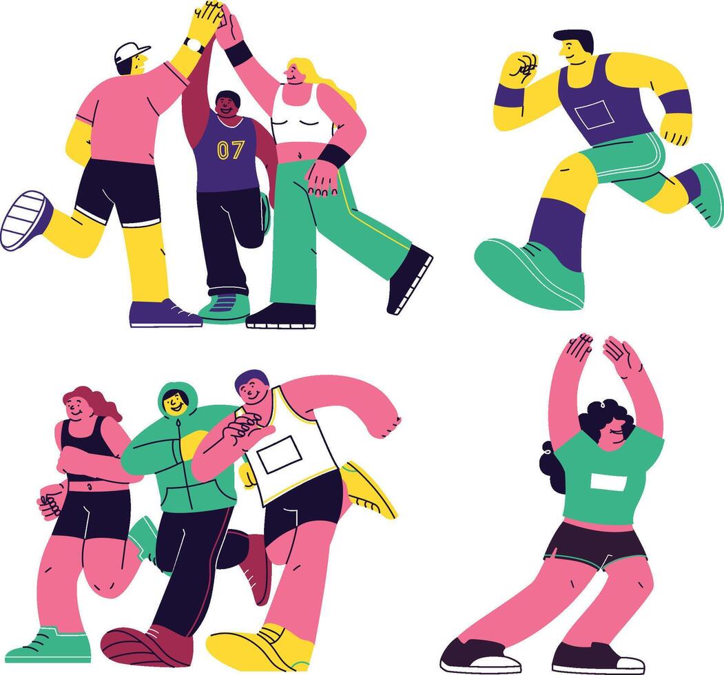Vibrant flat-style illustrations of sporty runners, coaches, and race moments vector