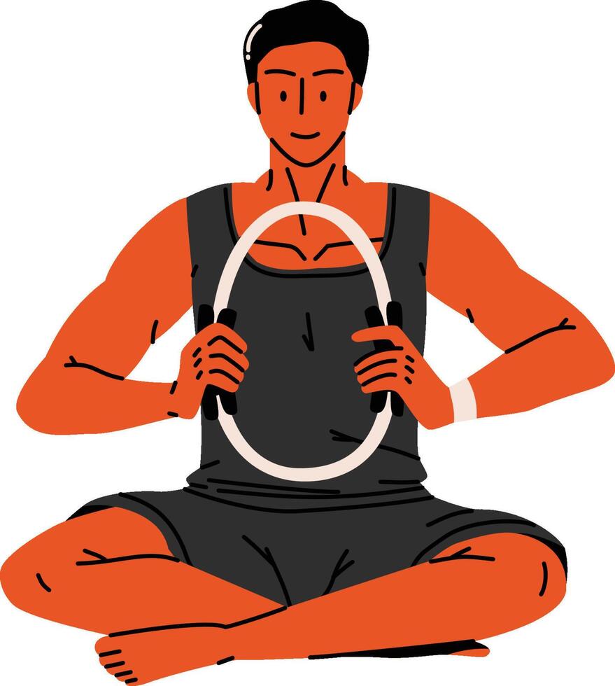 A seated man holding a pilates ring for controlled core exercise, perfect for meditative or training visuals. vector