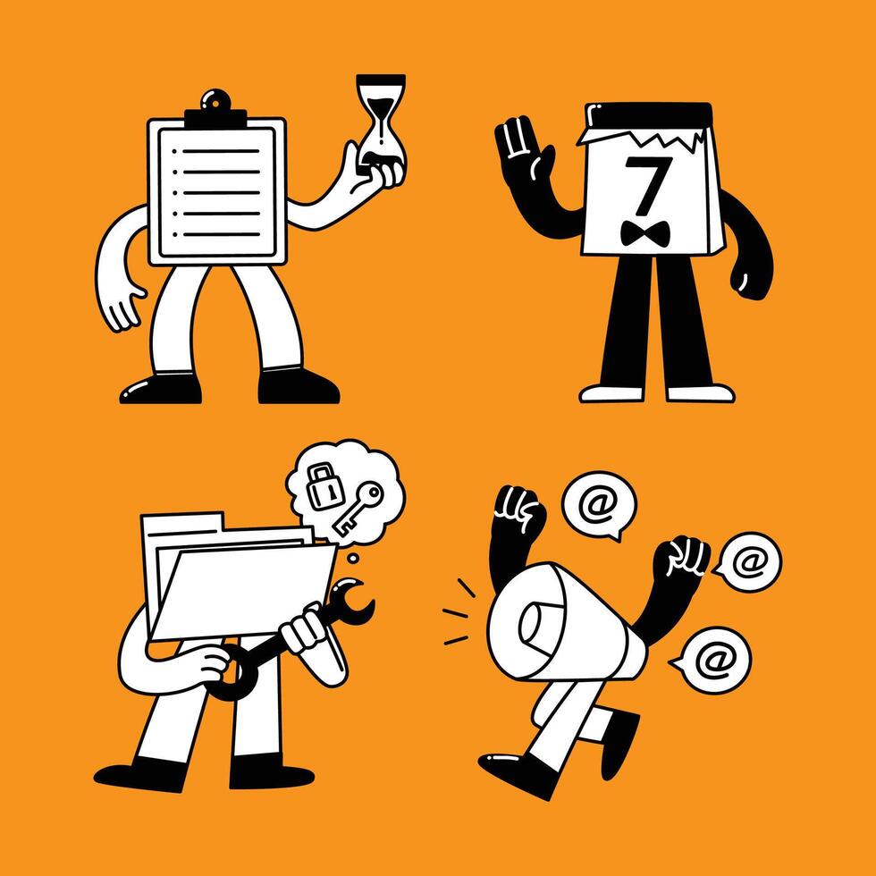 Playful mascot characters representing various creative services in studio or agency workflows, visualized with animated objects. vector