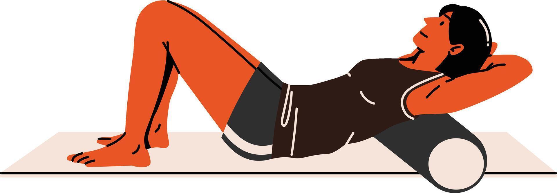A woman resting on a foam roller to relax back muscles ideal for recovery or yoga-themed design. vector