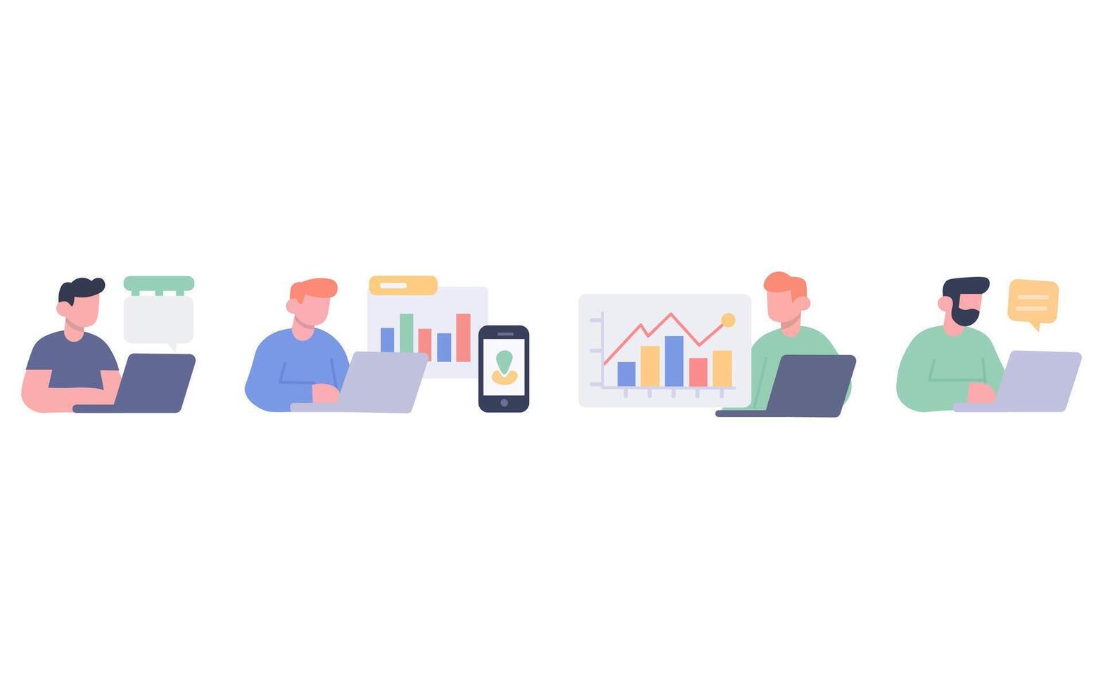 illustration of people working on laptops, analyzing data and communicating vector