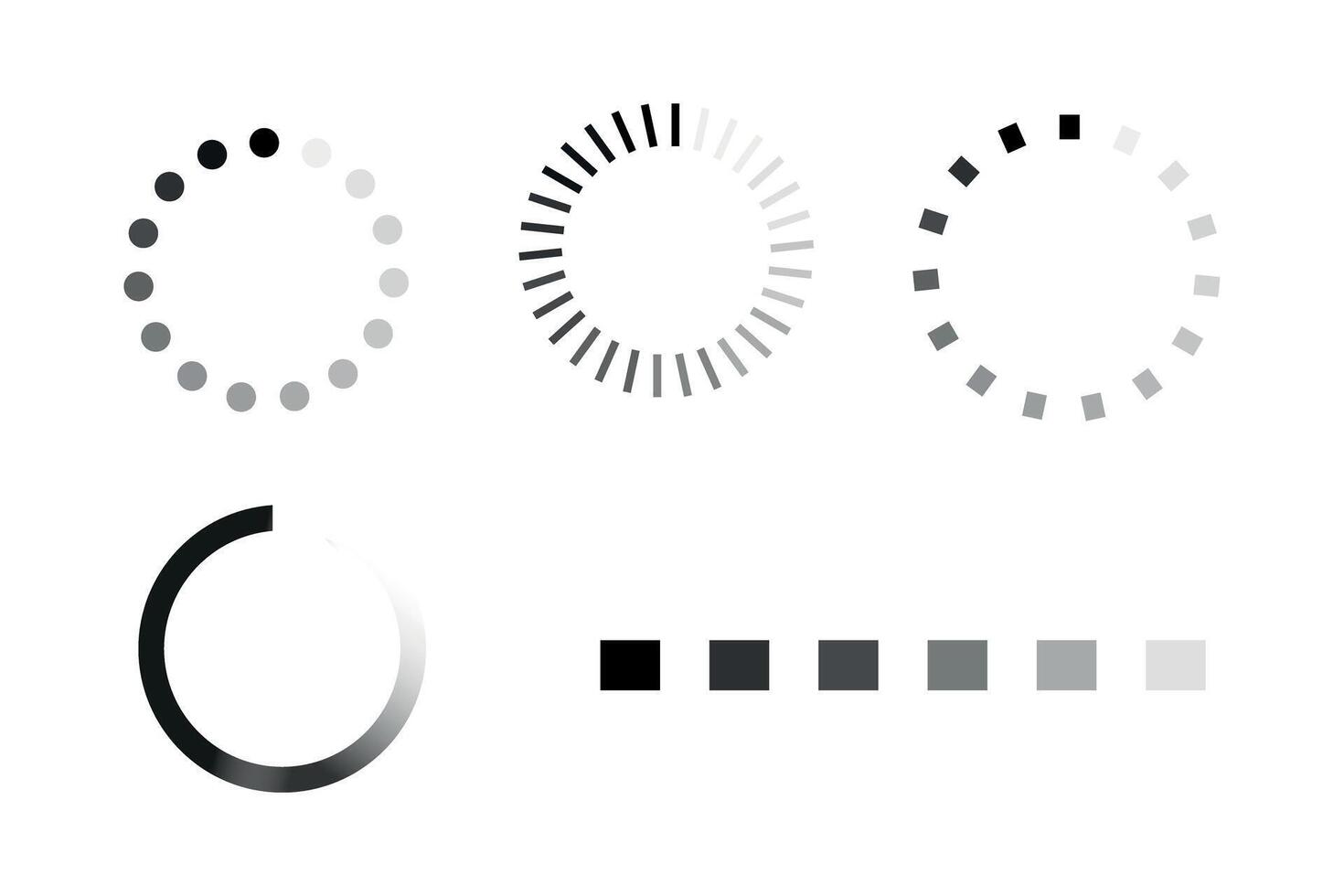 Various loading progress icons in circular and square styles, black and white gradient, UI design for web and mobile, animation icon vector