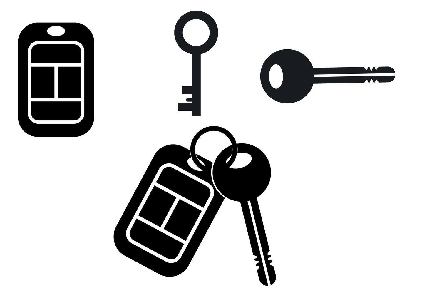 Key and keychain icon set illustration, simple black icon of a key symbol, representing security, protection, and access, isolated on white icon vector