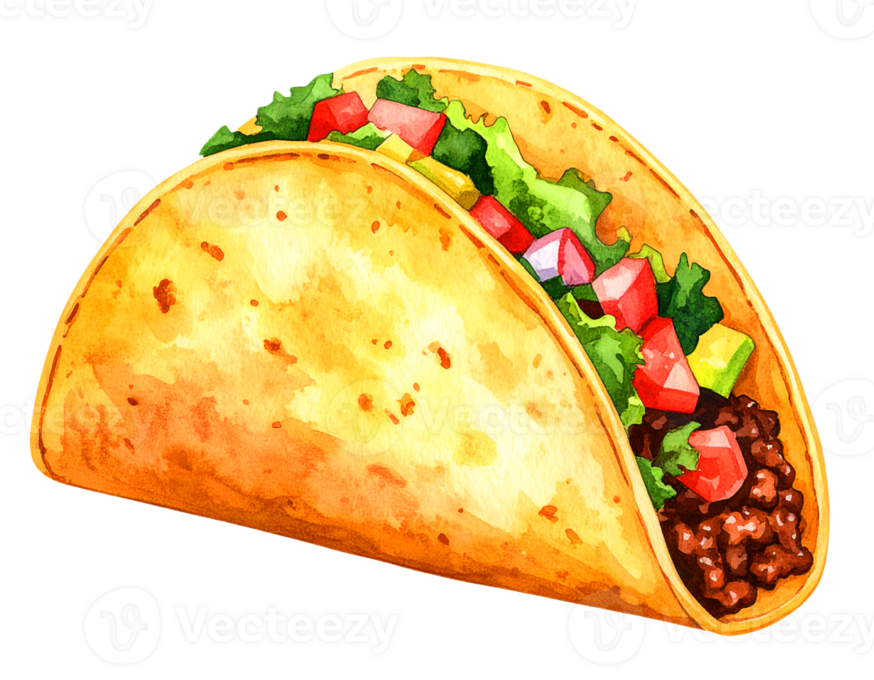 soft taco watercolor illustration with ground beef, lettuce, tomato and cheese filling on isolated background png