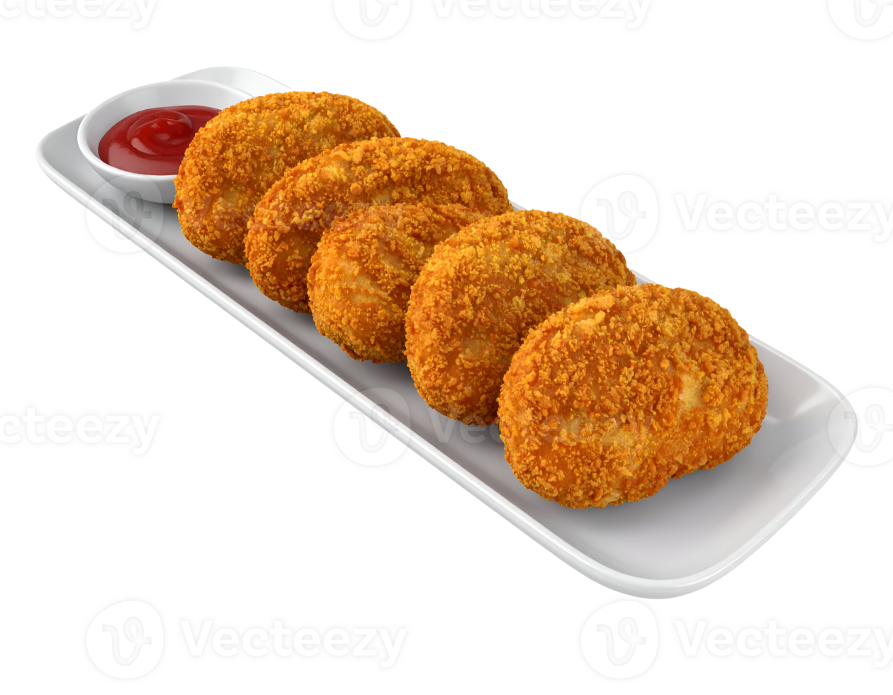 crispy golden chicken nuggets or potato croquettes arranged on long rectangular white plate with red dipping sauce on isolated background png
