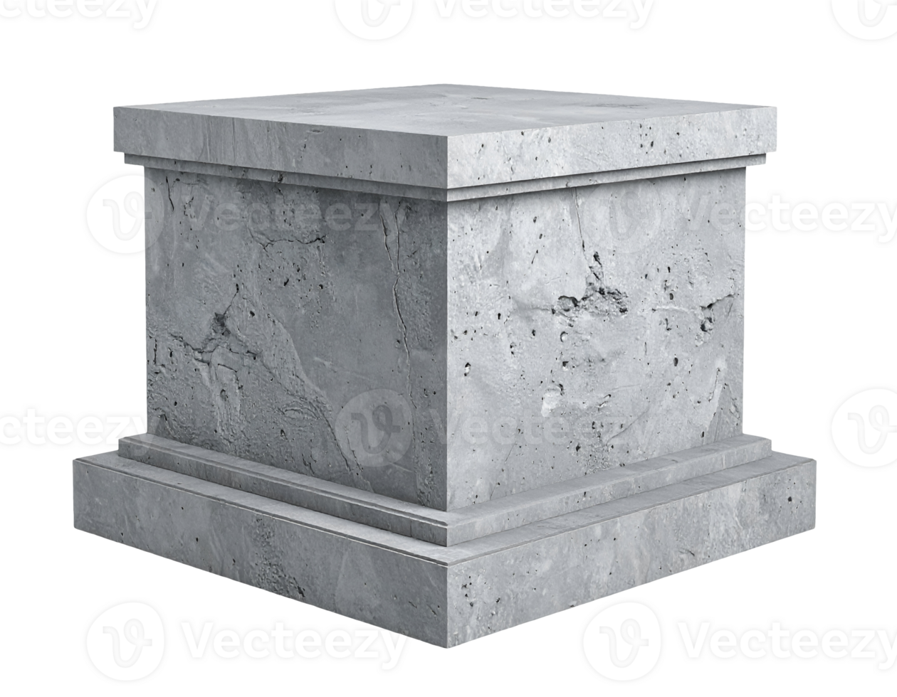 square concrete pedestal with layered base and natural cracks on raw surface texture, minimal brutalist display platform, on isolated background png