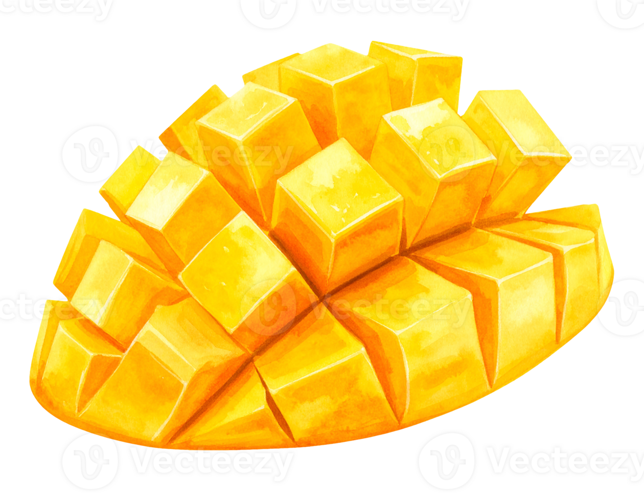 yellow ripe mango cubes in watercolor style, tropical sweet fruit illustration, juicy diced mango on isolated background png