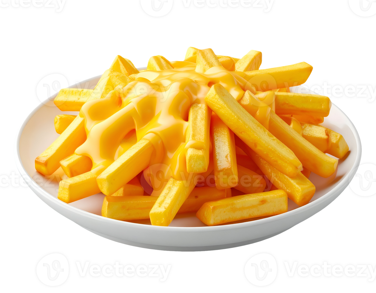 cheesy french fries on round white plate, creamy melted cheese topping over golden fries, 3d food rendering png