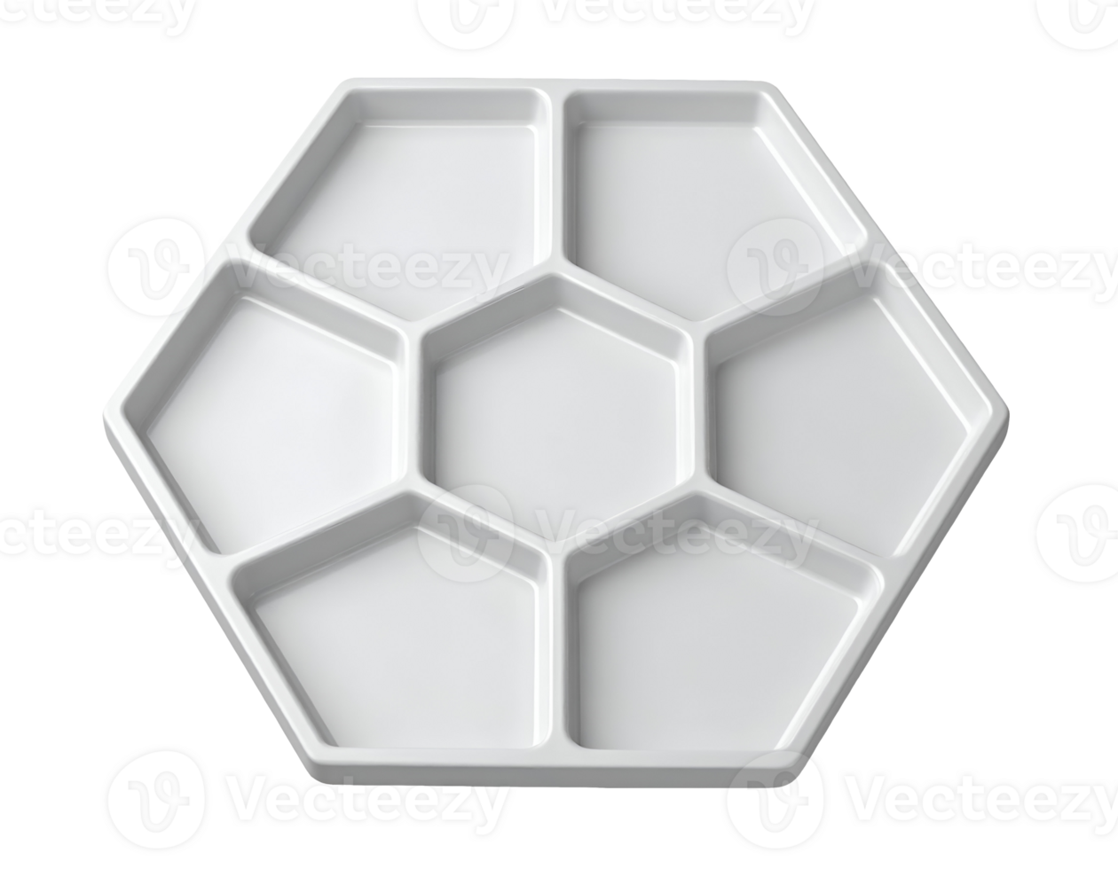 white hexagonal ceramic tray with modular pentagon compartments arranged in honeycomb pattern, modern geometric tableware for creative food styling, on isolated background png