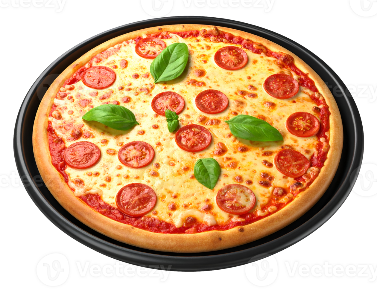 pan cheese pizza with cherry tomato slices and fresh basil in round black tray on isolated background png