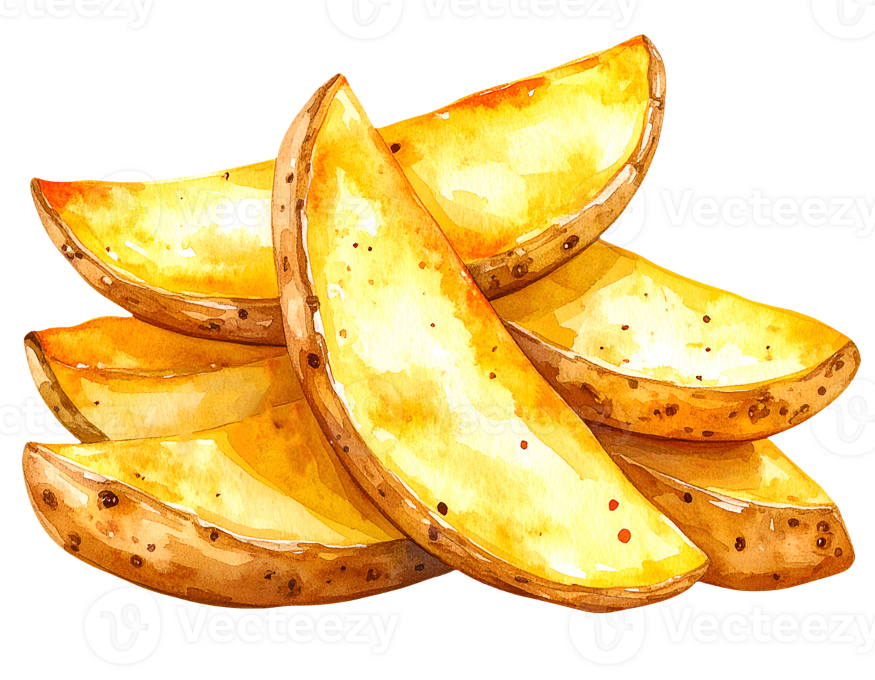 golden crispy potato wedges stacked in watercolor style, realistic fried snack food illustration on isolated background png
