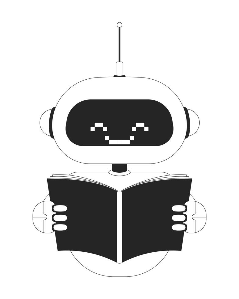 Smiling robot holding open book 2D line character. Artificial intelligence, education. Pixelated robotic technology reading isolated ink outline personage. Monochromatic spot illustration vector