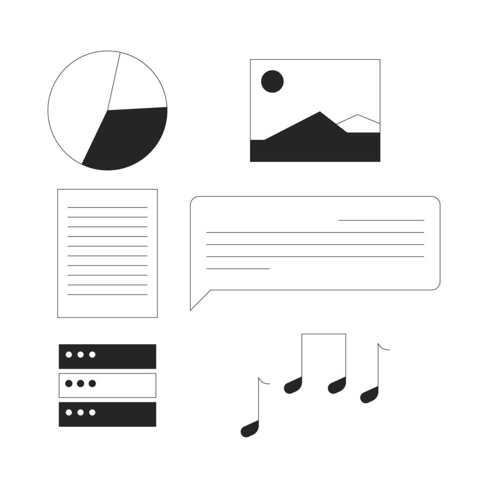 Multimedia and data elements 2D line objects set. Pie chart, icon, document, speech bubble, musical notes, server isolated cliparts ink outline. Monochrome spot illustrations collection vector