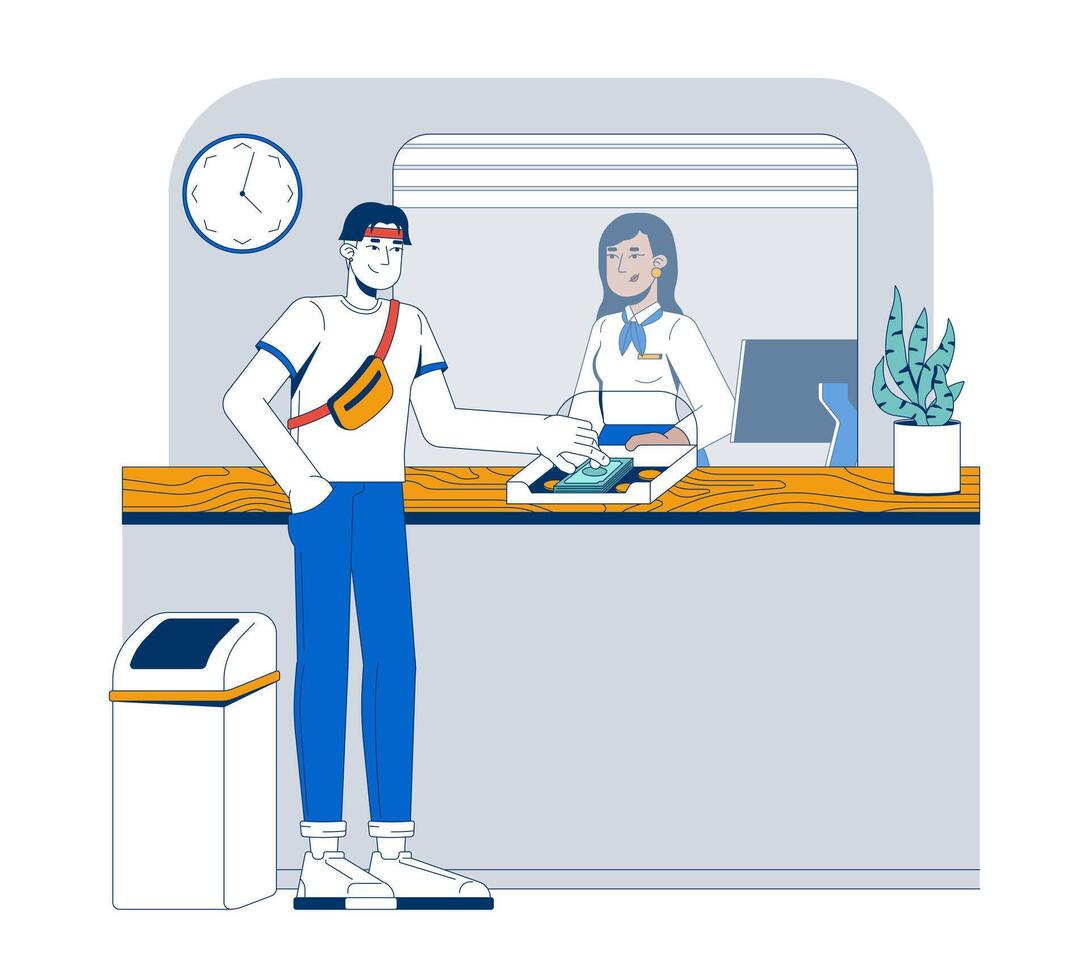 Customer depositing cash at bank teller counter 2D illustration. Foreign currency exchange. Banking cashier window booth flat characters isolated on white background. Colorful cartoon image vector