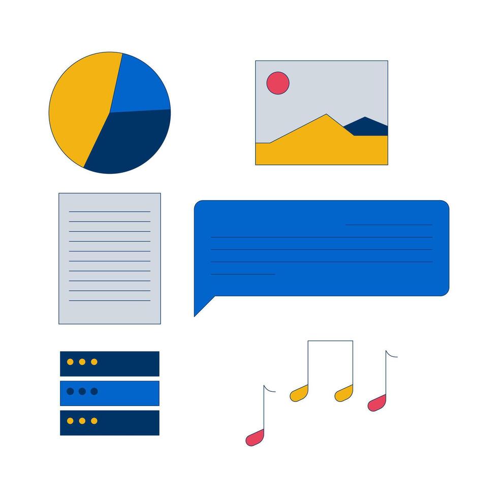 Multimedia and data elements 2D cartoon objects set. Pie chart, icon, document, speech bubble, musical notes, server isolated flat clip arts on white. Spot illustrations collection vector