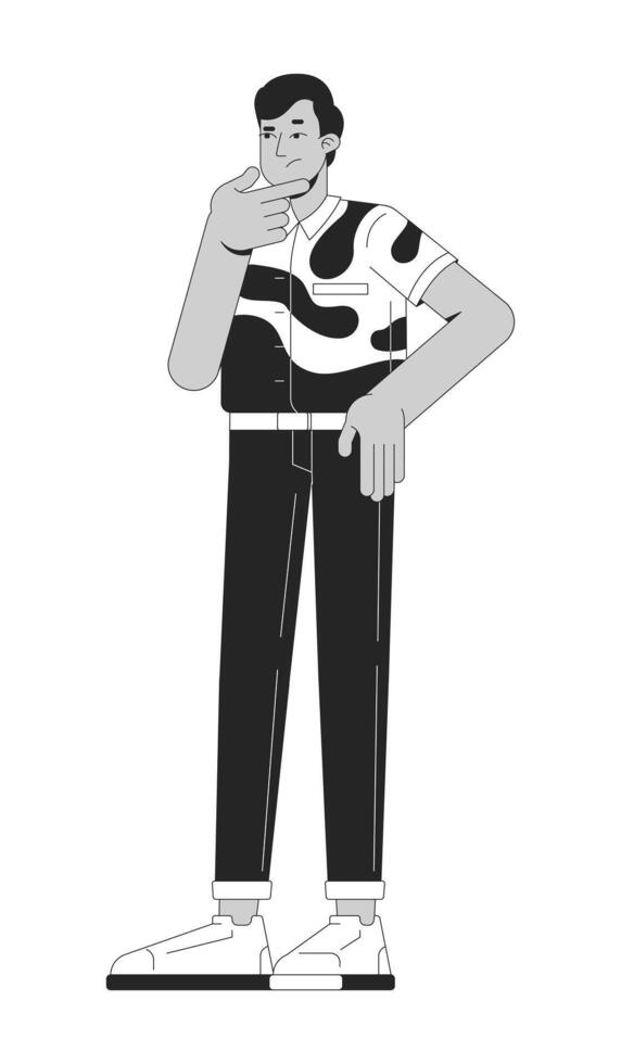 Thoughtful indian man in bold abstract shirt rubbing chin 2D line character. Decision making. South asian guy in modern clothing isolated ink outline person. Monochromatic spot illustration vector