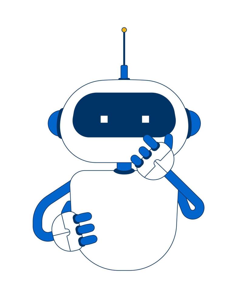 Curious robot holding chin in thought 2D cartoon character. Artificial intelligence, problem-solving. Robotic technology flat personage isolated on white. Spot illustration colorful vector