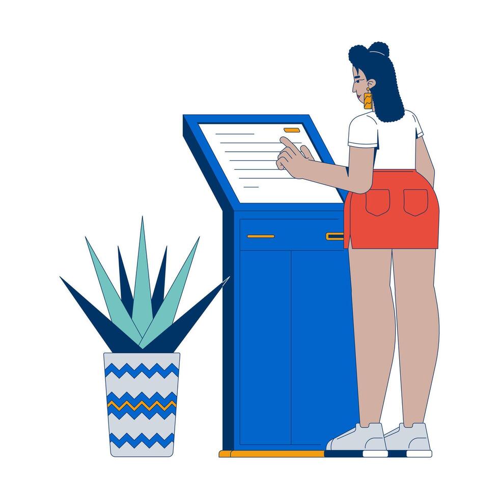 Latina woman using self service banking kiosk 2D illustration. Female customer interacts with touchscreen payment terminal flat character isolated on white background. Colorful cartoon image vector