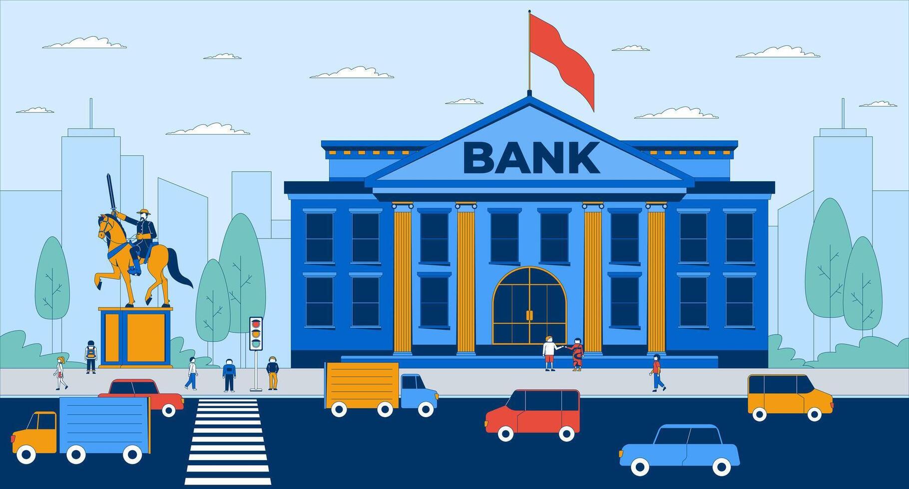 City bank building with people and urban traffic flat illustration. Busy cityscape with financial district, pedestrians and cars 2D characters cartoon background. Colorful scene art image vector