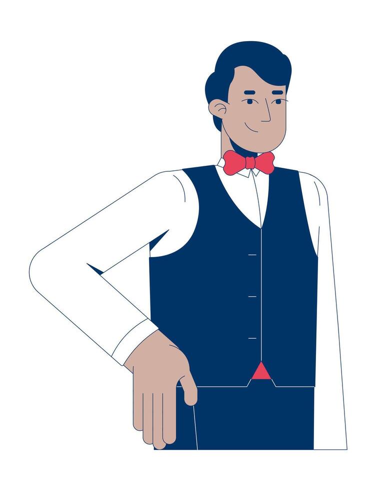 Friendly indian male waiter in formal attire 2D cartoon character. Hospitality worker south asian man. Food server butler waitstaff flat person isolated on white. Spot illustration colorful vector