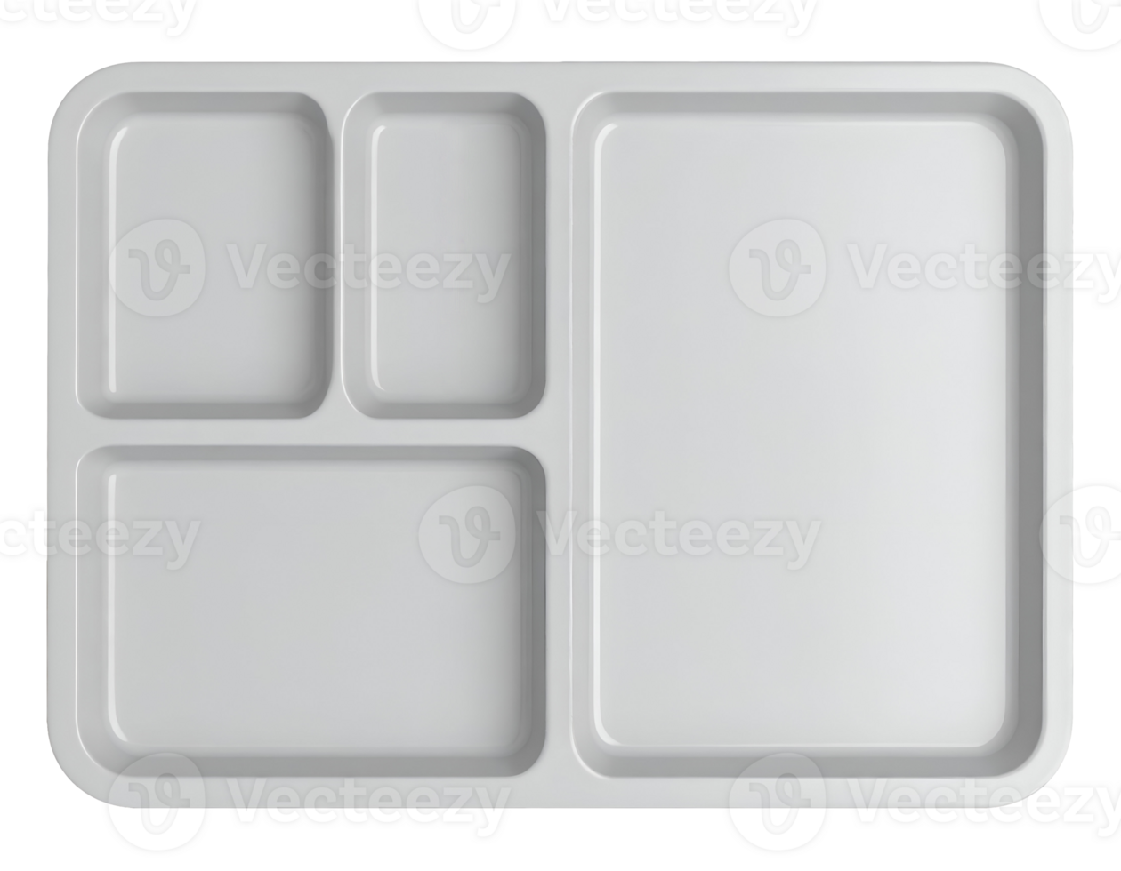 top view of modern rectangular food tray with multiple compartments, clean plastic design for meal presentation, on isolated background png