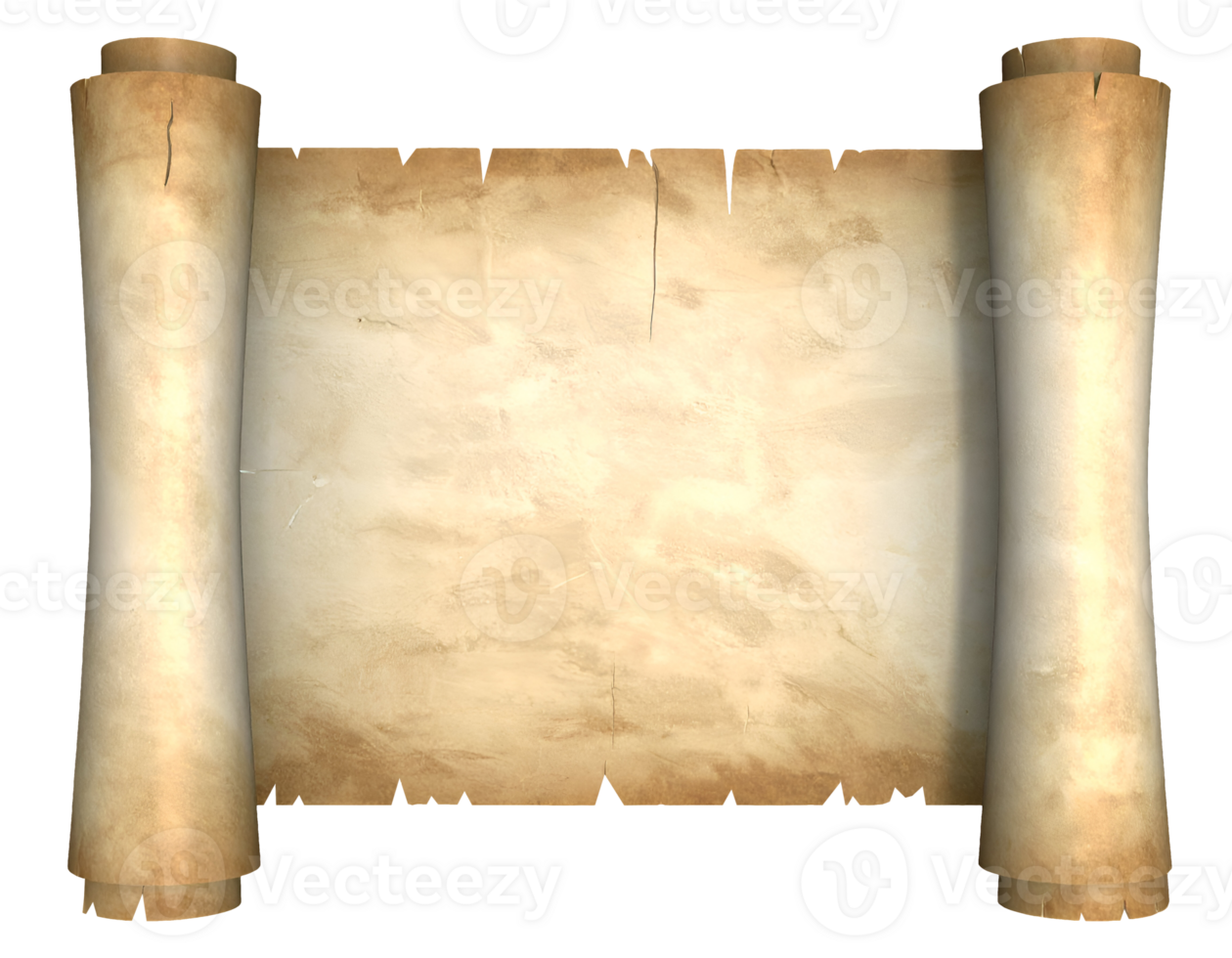 antique style ceramic tray shaped like ancient scroll or parchment paper with curled edges and weathered texture, fantasy themed tableware or storytelling prop, on isolated background png