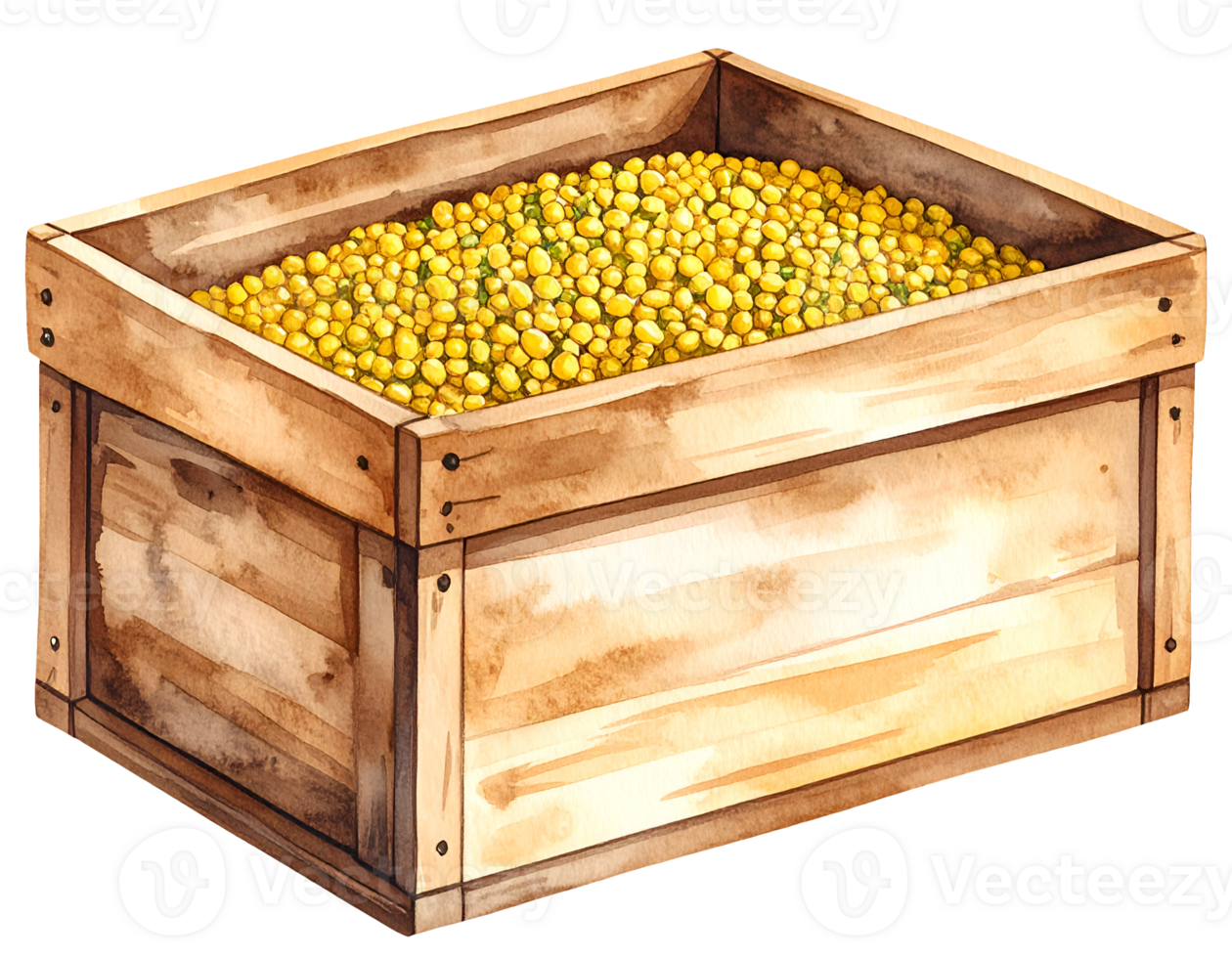 wooden box of yellow seeds watercolor isolated background png