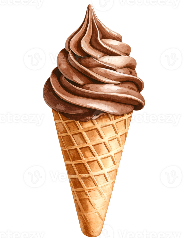 soft serve chocolate swirl ice cream cone watercolor illustration with waffle texture on isolated background png
