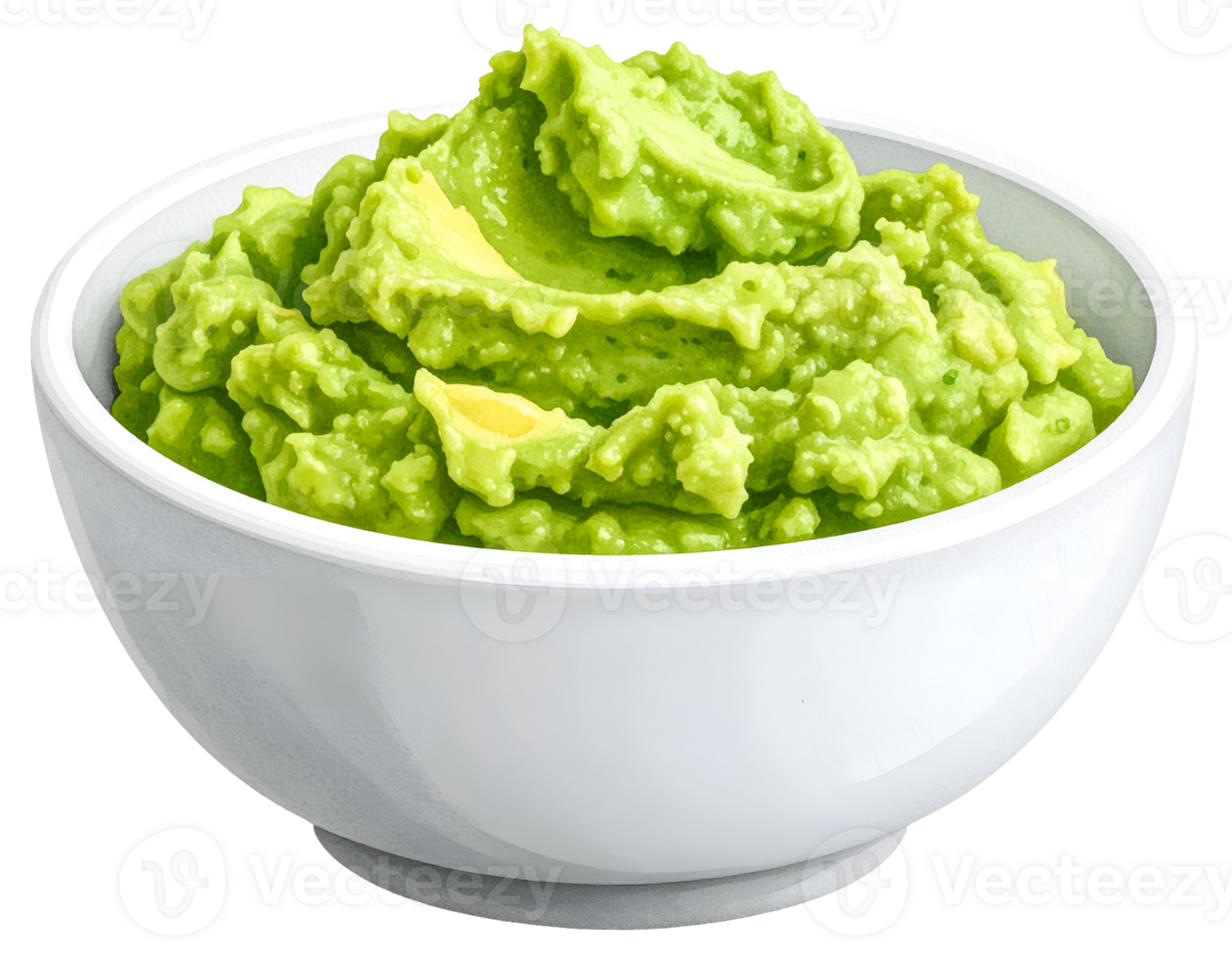 guacamole avocado dip in white bowl watercolor illustration on transparent background png