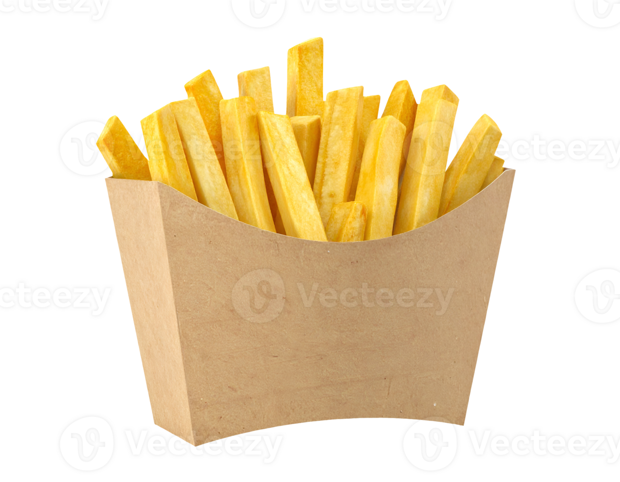 french fries in plain brown fast food container with tall golden potato sticks on isolated background png
