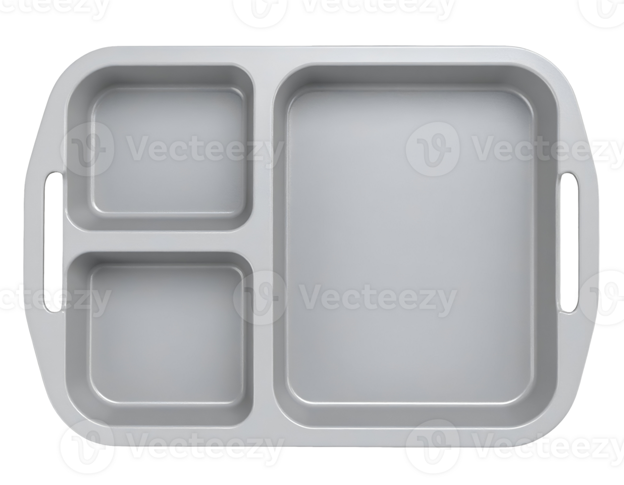 modern rectangular food tray with three compartments and built-in utensil handles, minimal grey cafeteria style divided plate, top view isolated png