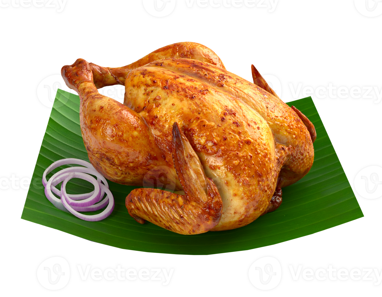 whole crispy roasted chicken on banana leaf with pickled red onions on isolated background png