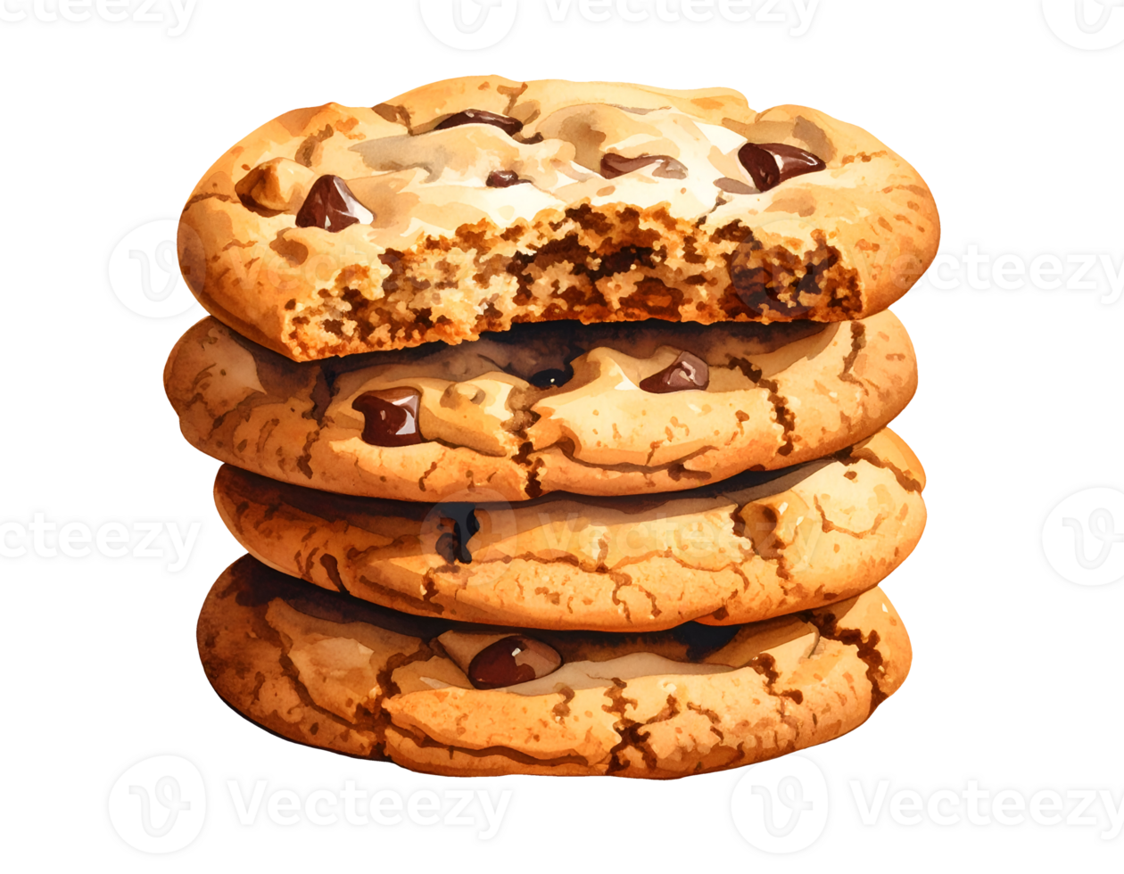stack of chocolate chip cookies with top one bitten watercolor style isolated on transparent background png