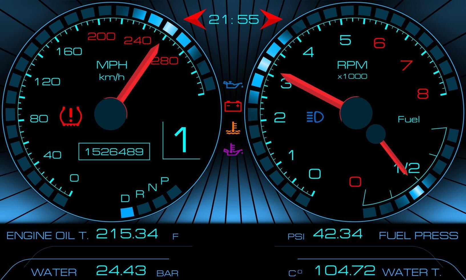 Car dashboard, modern automobile control panel with backlight, speed display, bright illustration with red arrows and digital values. vector