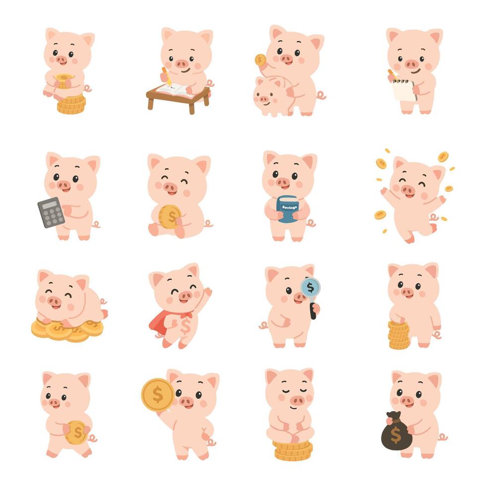 Cartoon pigs with coins and money signs vector