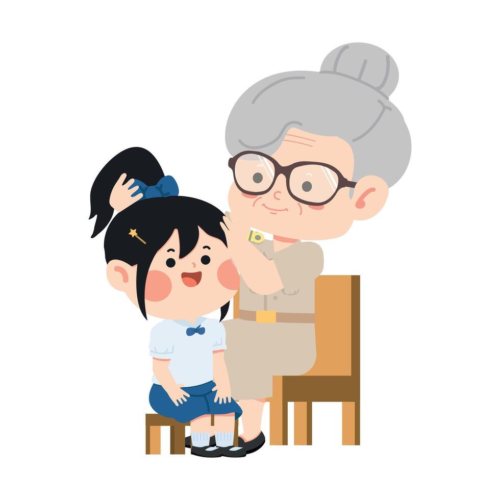 Grandmother helps granddaughter with hair vector