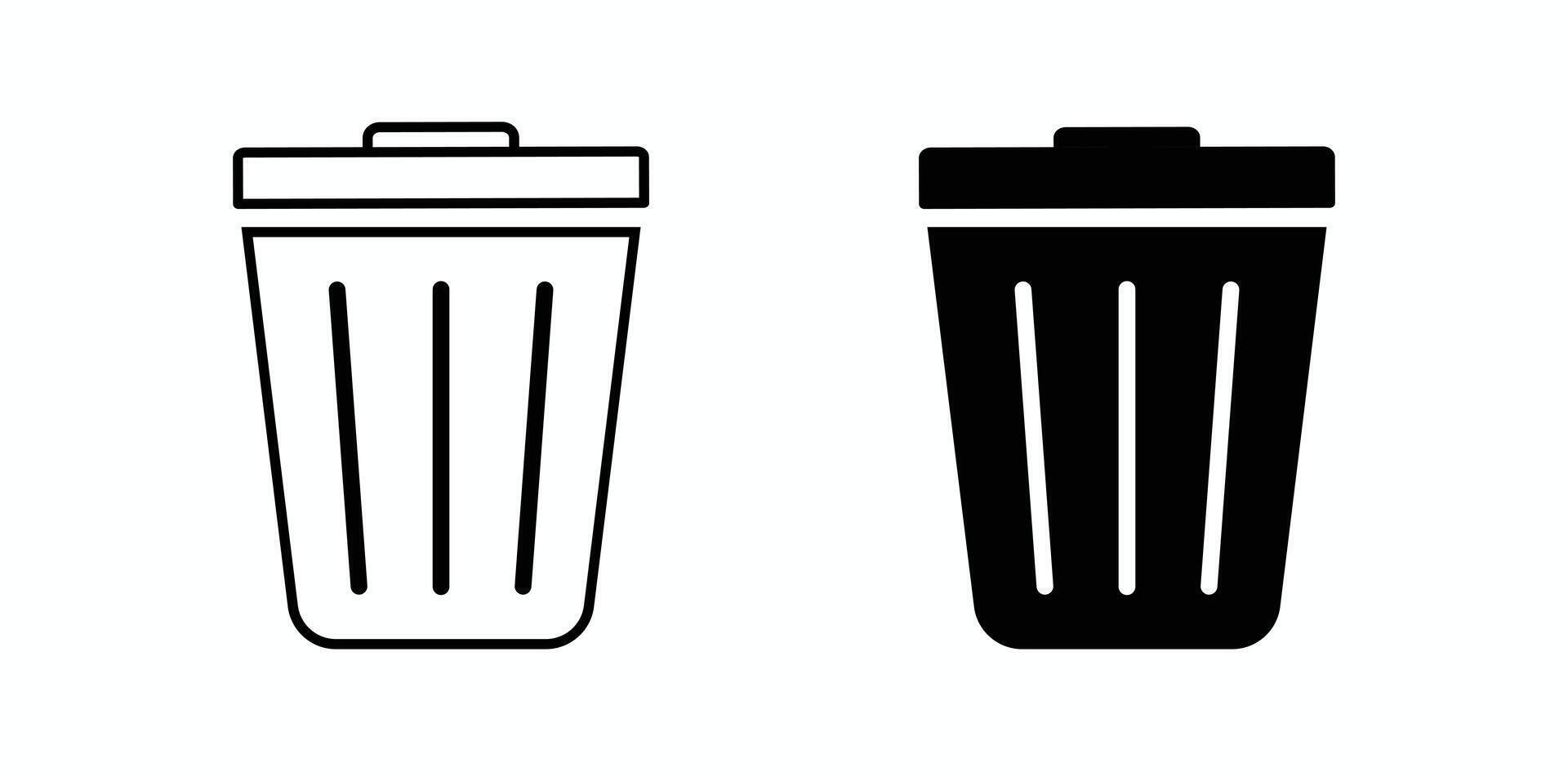 Two graphic icons of trash cans, a simple, black outline and a solid black fill design for recycling or waste management. vector