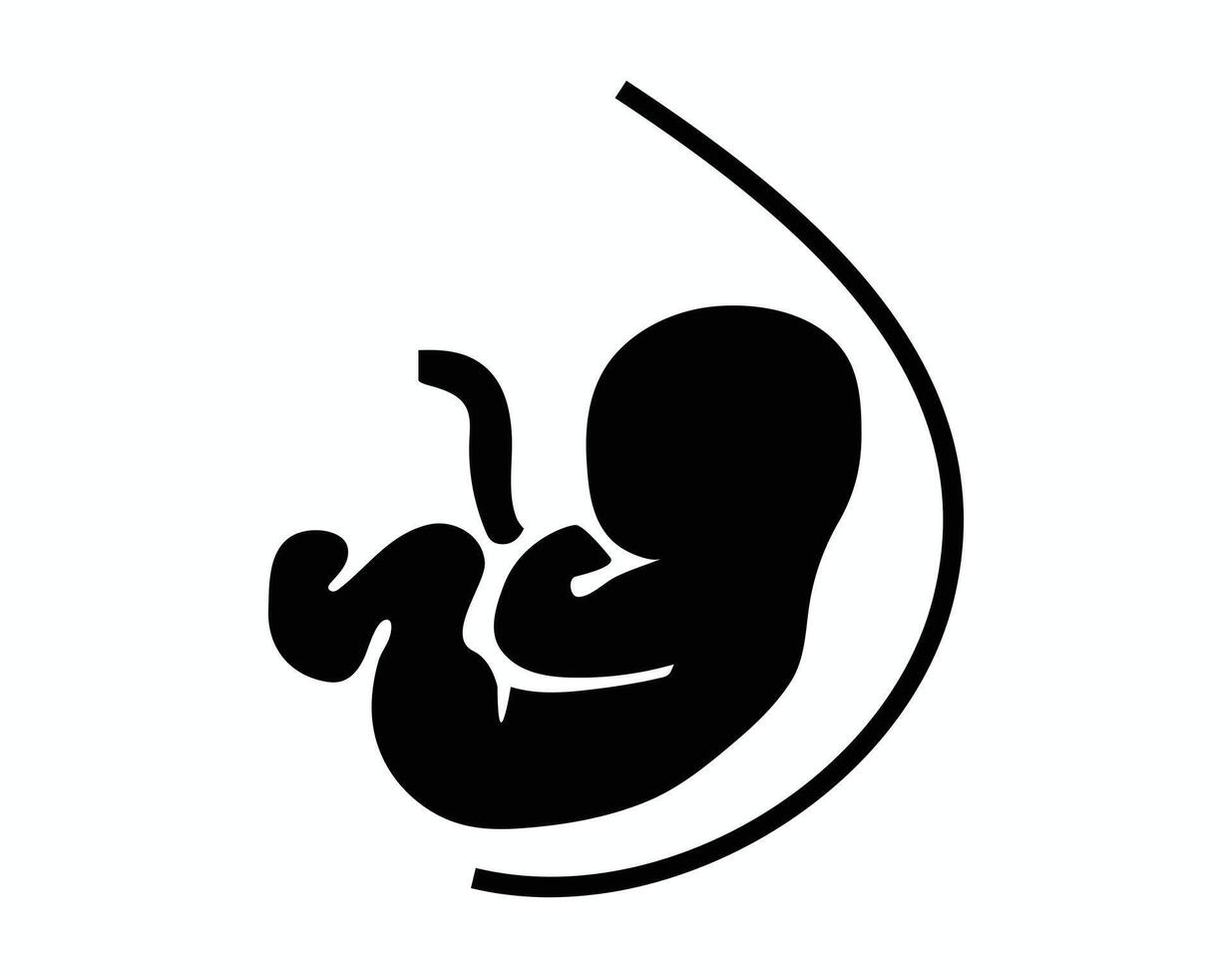 Black silhouette showcases a prenatal fetus in utero against a white background, symbolizing pregnancy and new life. vector