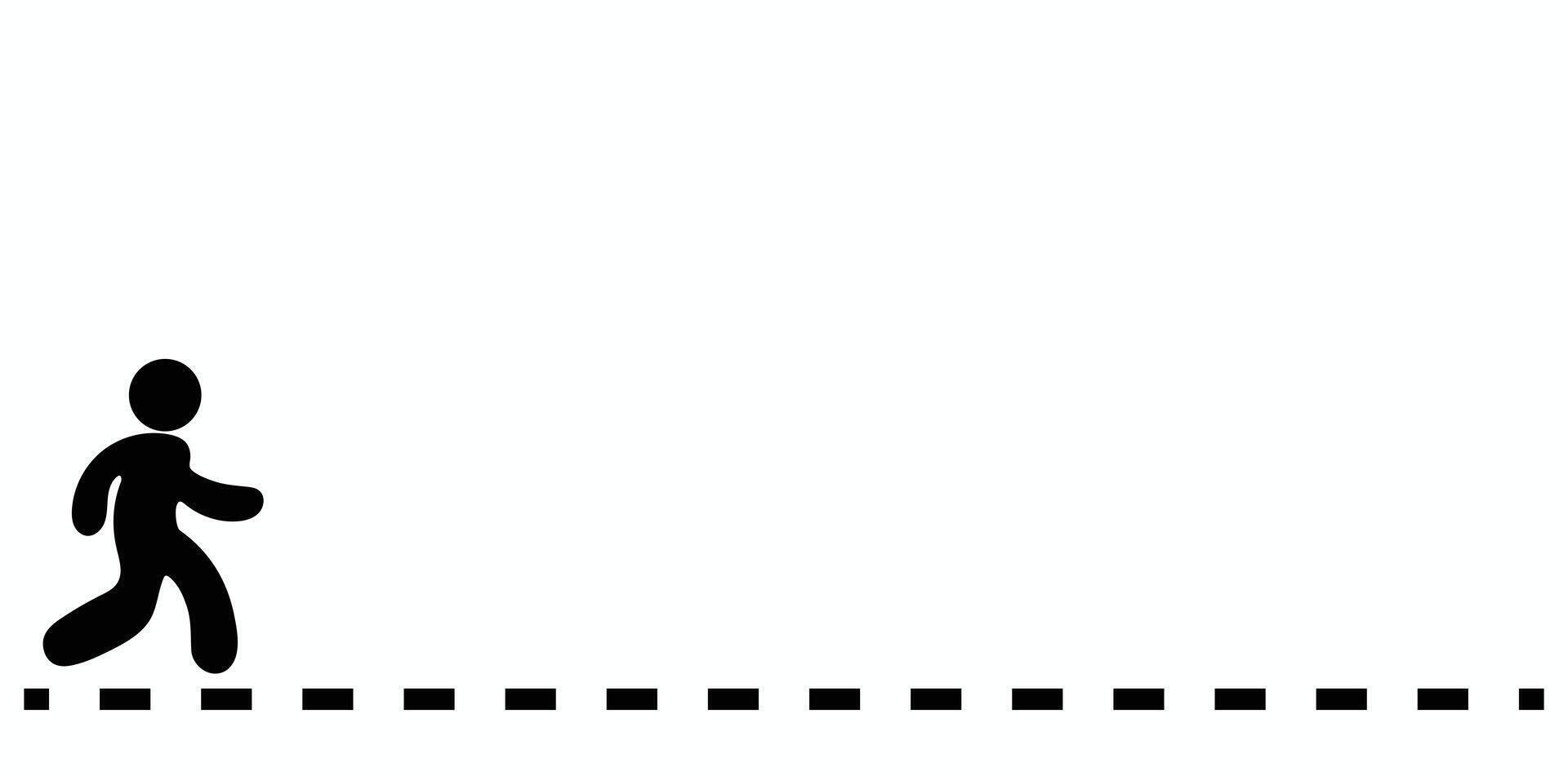 Simple black stick figure running on a dotted line for concept of path, journey, progress or direction, walking, simple drawing vector