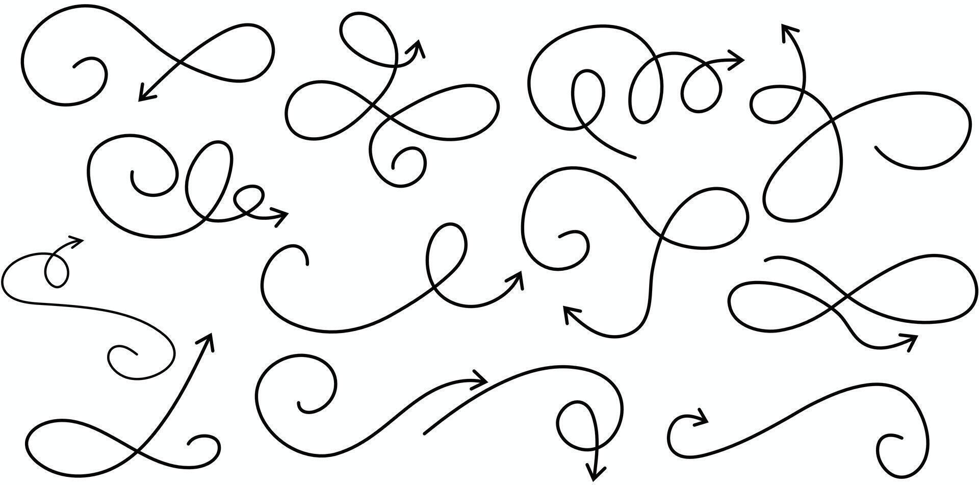 Collection of hand drawn doodle arrows with various swirly designs pointing directions for design projects vector