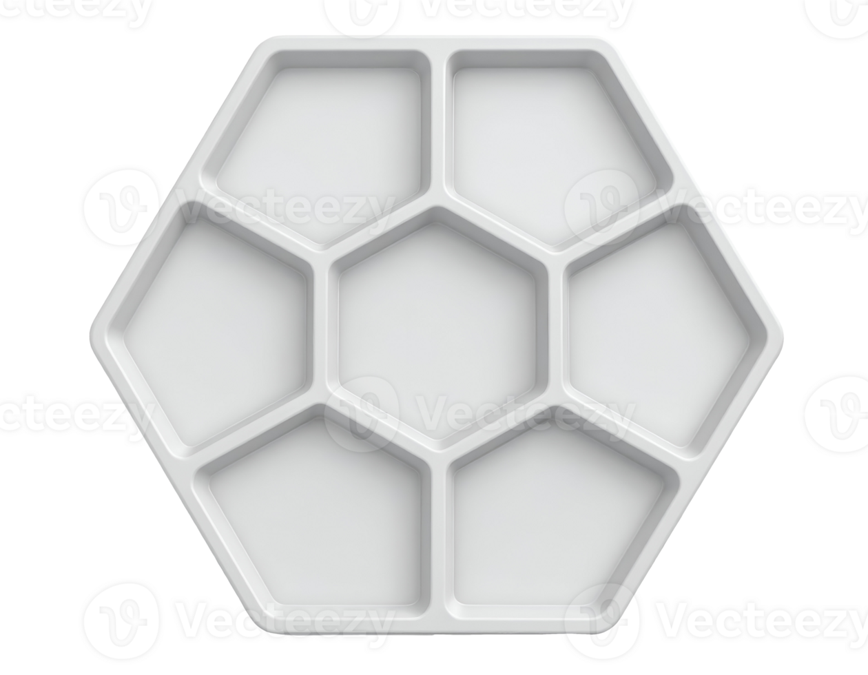 white hexagon ceramic tray with geometric pentagon compartments, modern puzzle-inspired tableware for creative food styling or modular presentation, on isolated background png