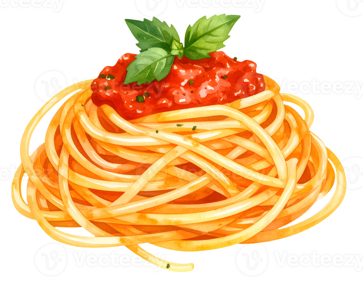 watercolor illustration of spaghetti twirl with tomato sauce, handpainted food art in soft brush texture, on isolated background png