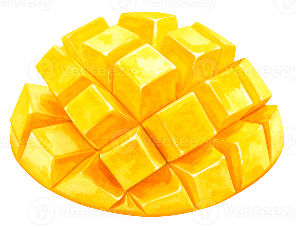 whole ripe mango half sliced into juicy cubes, watercolor tropical fruit illustration, yellow sweet mango on isolated background png