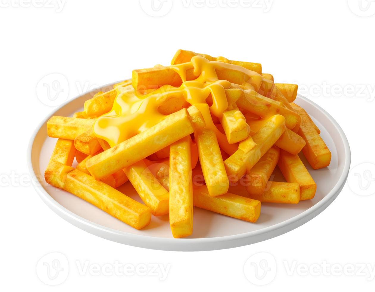 cheesy fries with melted cheese on round white plate, 3d food render png