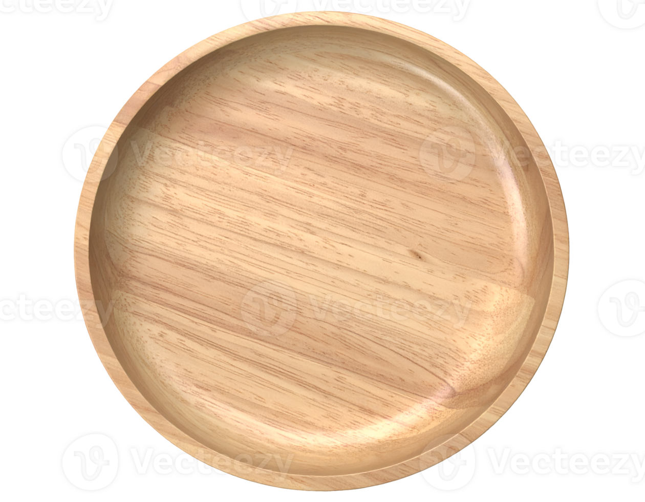 top view of round wooden tray with shallow center and raised rim, minimalist natural wood plate design on isolated background png