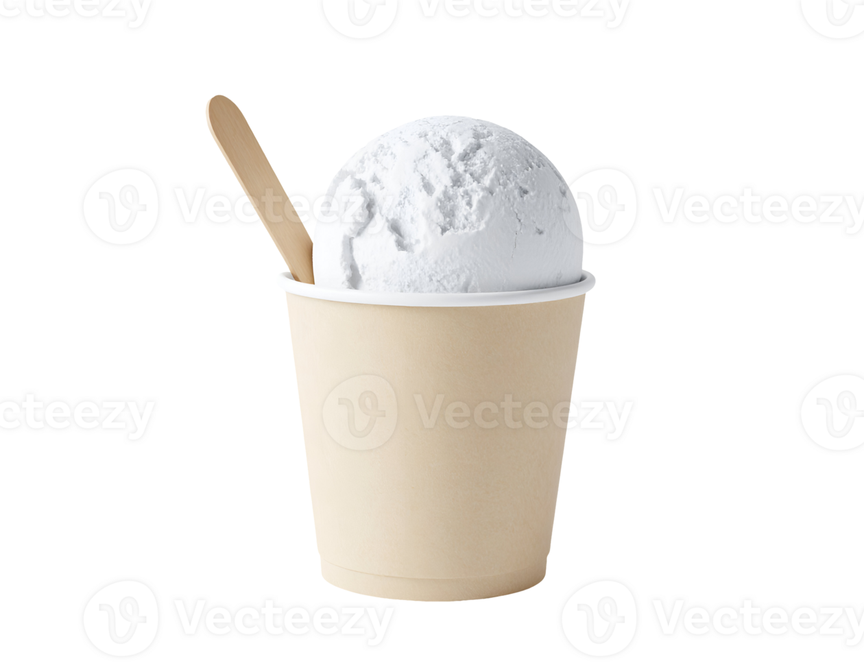 vanilla ice cream scoop in kraft paper cup with wooden spoon on isolated background png