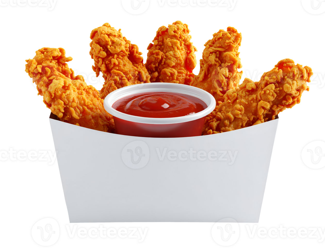 crispy fried chicken tenders with red dipping sauce in white takeaway box, crunchy golden texture fast food on isolated background png