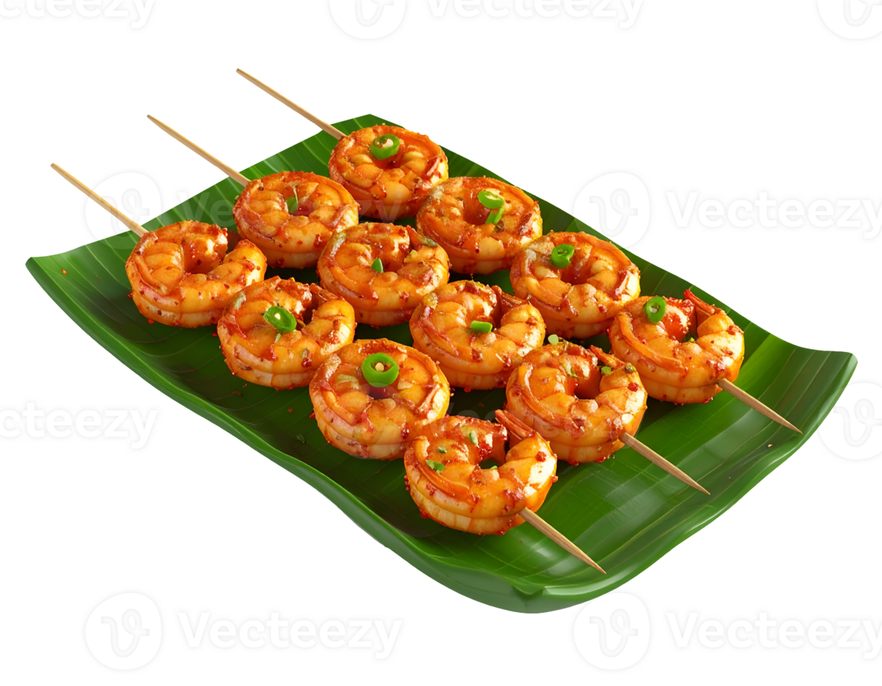 spicy shrimp skewers on banana leaf tray png
