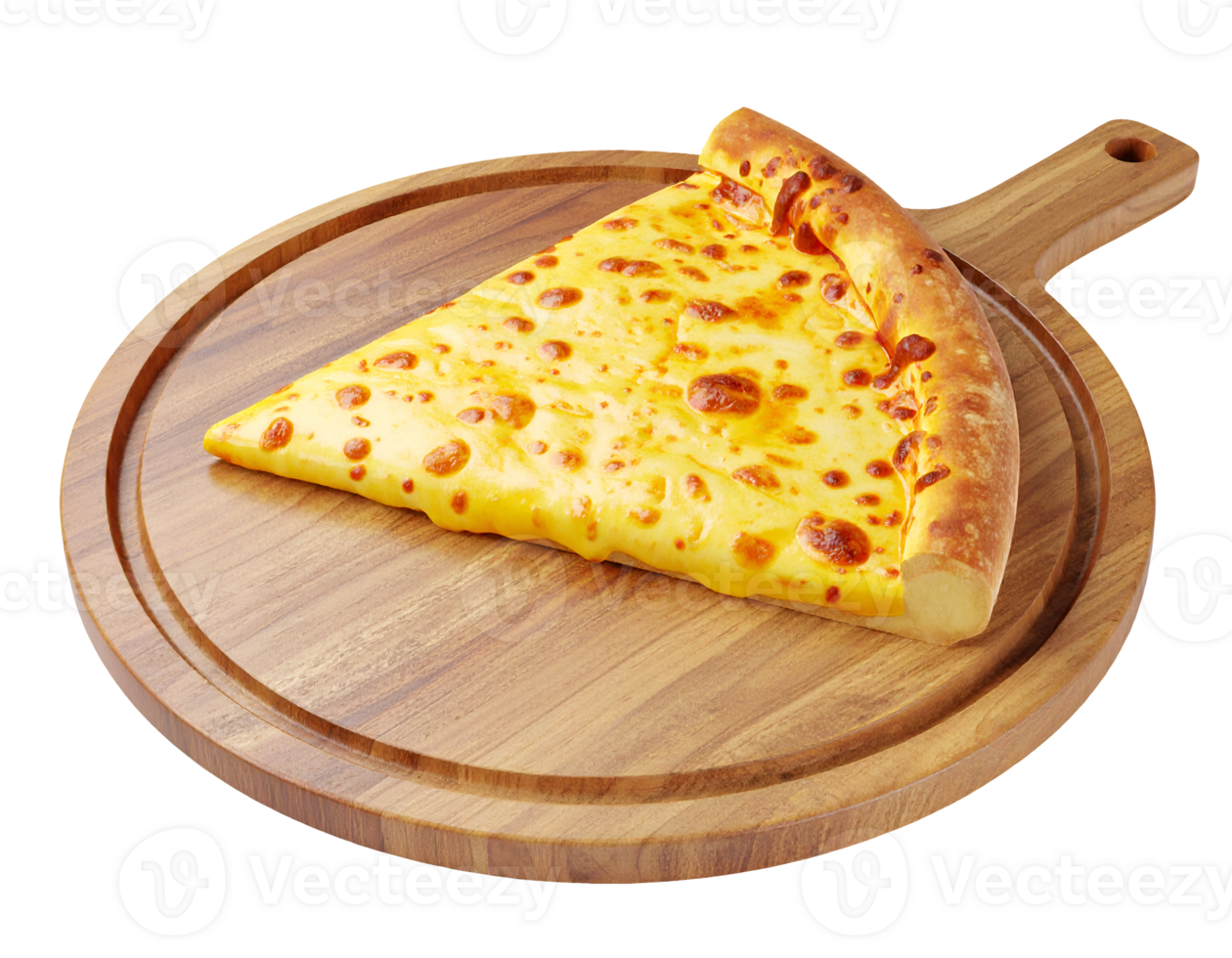cheese pizza slice on rustic wooden cutting board, 3d food render png