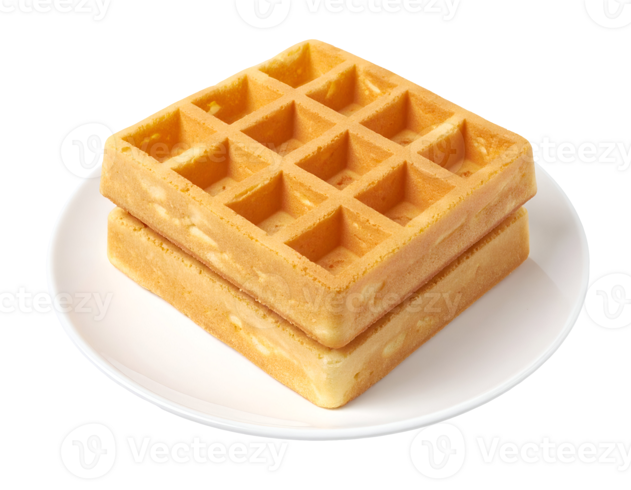 stack of golden square waffles served on white ceramic plate with airy grid texture on isolated background png